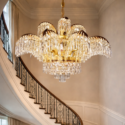 Candelabru din cristal PALACE, auriu lucios, D80 cm, înălțime reglabilă