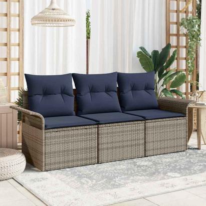 Set de canapea cu pernă Manual 3 pcs Gri și bleumarin poliratan GartenMobel Dekor