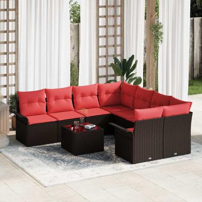 Set de canapele pentru grădină 9 pcs Maro și roșu poliratan GartenMobel Dekor