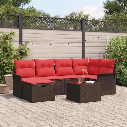 Set de canapele pentru grădină 7 pcs Maro și roșu poliratan GartenMobel Dekor