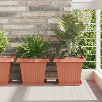 Tavă Pătrată pentru Flori 6 pcs Roșu cărămidă Plastic GartenMobel Dekor