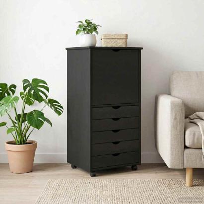 Cabinet mobil cu roata Negru 53 x 39 x 103 cm Lemn de pin masiv GartenMobel Dekor