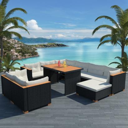 Set mobilier de grădină cu perne, 10 piese, negru, poliratan GartenMobel Dekor