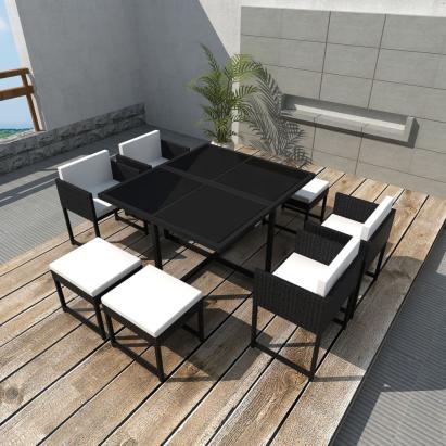 Set mobilier de exterior cu perne, 9 piese, negru, poliratan GartenMobel Dekor