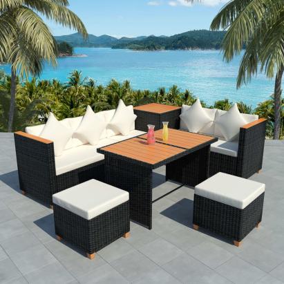 Set mobilier de grădină cu perne, 7 piese, negru, poliratan GartenMobel Dekor