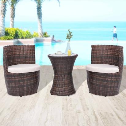 Set mobilier bistro cu perne, 3 piese, maro, poliratan   GartenMobel Dekor