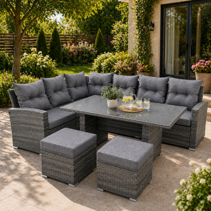 Set mobilier de grădină colțar 4 piese cu masă și 2 tabureți, ratan PE, gri