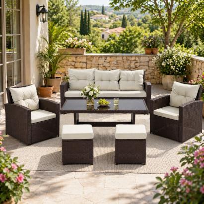 Set mobilier de grădină 7 piese cu canapea, fotolii și masă, ratan PE
