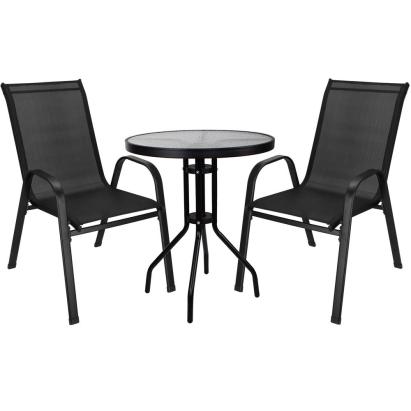 Set mobilier de grădină cu 2 scaune și masă rotundă din sticlă, negru