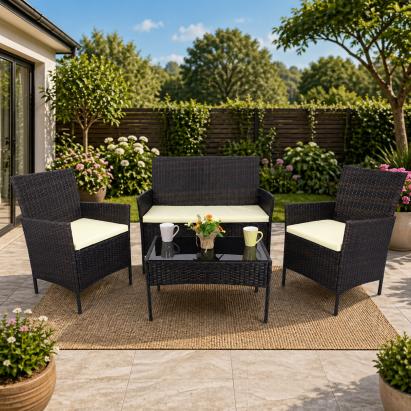 Set mobilier de gradina 4 locuri din tehnoratan, maro cu perne crem