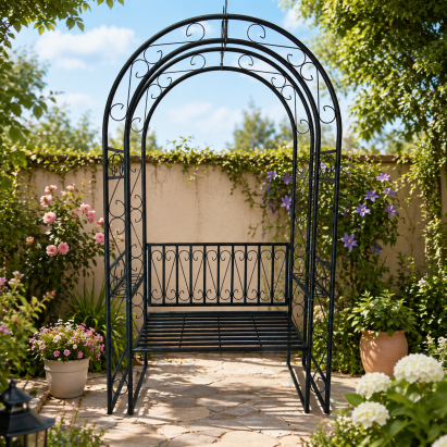 Pergola decorativa de gradina cu banca, suport plante, otel negru 130x48x238 cm