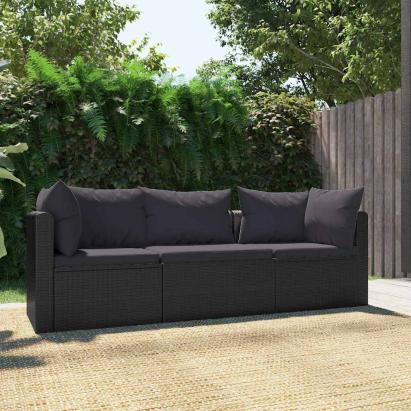 Set mobilier de grădină cu perne, 3 piese, negru, poliratan GartenMobel Dekor
