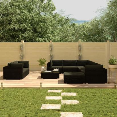 Set mobilier de grădină cu perne, 10 piese, negru, poliratan GartenMobel Dekor