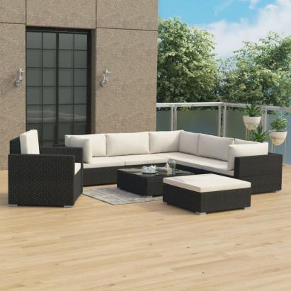 Set mobilier de grădină cu perne, 8 piese, negru, poliratan GartenMobel Dekor