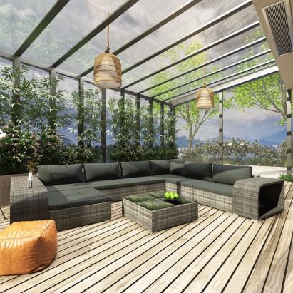 Set mobilier de grădină cu perne, 10 piese, gri, poliratan GartenMobel Dekor