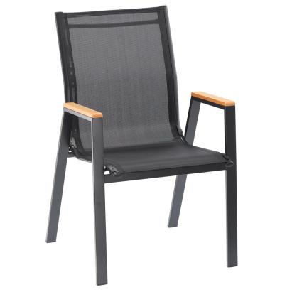Scaun de grădină negru cu cadru metalic și cotiere aspect lemn, 61x56x90 cm