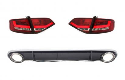 Stopuri LED cu Difuzor Bara Spate si Ornamente Evacuare AUDI A4 B8 8K Sedan (2007-2010) Rosu / Clar RS4 Design Performance AutoTuning