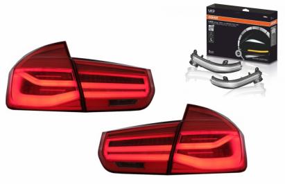 Stopuri LED M Look Red Clear Line BMW Seria 3 F30 (2011-2019) LCI Design cu Semnal Dinamic Secvential si Indicator Dinamic Full LED pentru Oglinda Osram Performance AutoTuning