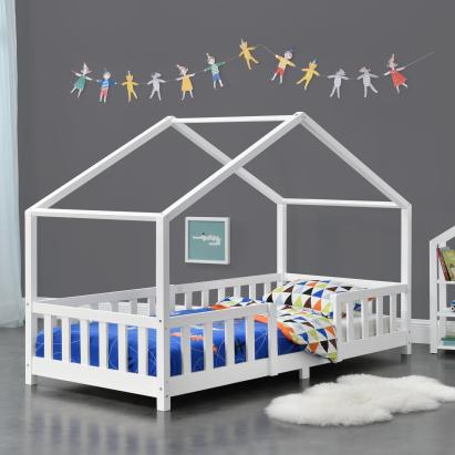 Pat copii design casuta Treviolo 90 x 200 cm lemn alb mat lacuit [en.casa] HausGarden Leisure