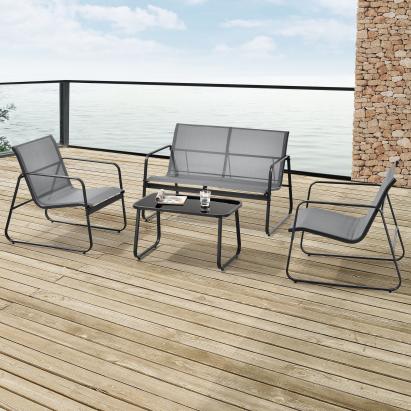 Set mobilier gradina Palencia HG  masa 2 scaune banca gri deschis/negru [en.casa] HausGarden Leisure