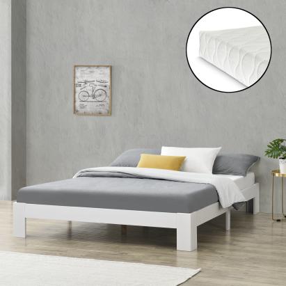 [en.casa]® Pat rama lemn Raisio 180W, 180 x 200 cm, lemn de brad/PAL,200 Kg, alb mat, pentru 2 persoane, cu saltea si gratar pat HausGarden Leisure