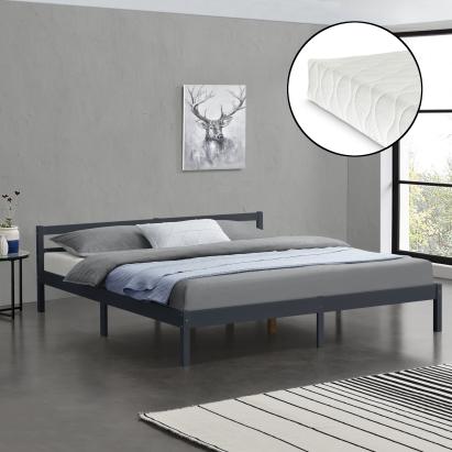 [en.casa]® Pat rama lemn Nakkila 180DG, 180 x 200 cm, lemn brad/spuma rece, 200 Kg, dublu, gri inchis mat, cu saltea si gratar pat HausGarden Leisure