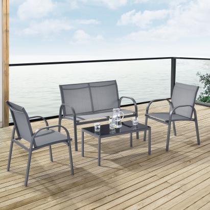 Set mobilier gradina Gagra HG masa cu blat sticla banca doua scaune gri deschis/negru [en.casa] HausGarden Leisure