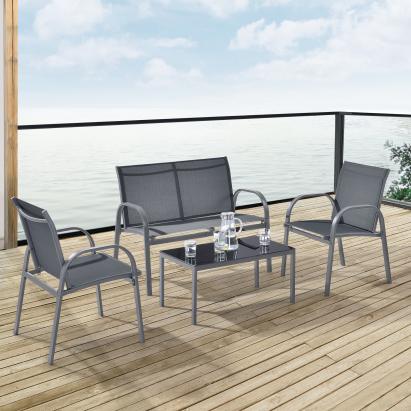 Set mobilier gradina Gagra DG masa cu blat sticla banca doua scaune gri inchis/negru [en.casa] HausGarden Leisure