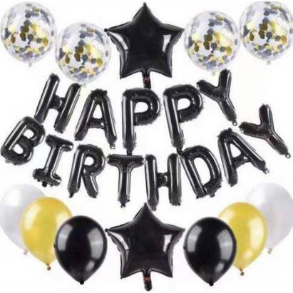 Set baloane Happy Birthday negru si auriu StarHome GiftGalaxy