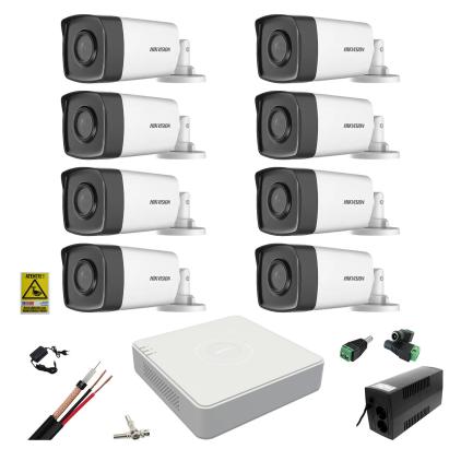 Sistem supraveghere video Hikvision 8 camere 2MP 3.6mm IR 80m, DVR 8 canale 1080N, accesorii, UPS cu baterie 360W SafetyGuard Surveillance