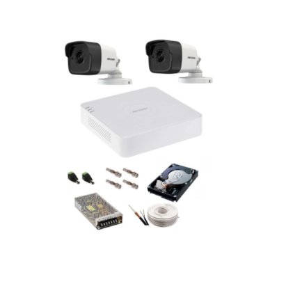 Kit complet supraveghere 5 MP Hikvision Turbo HD cu 2 camere Bullet IR 20 m,alimentatori, cabluri, mufe, HDD 500 Gb, vizualizare pe internet SafetyGuard Surveillance