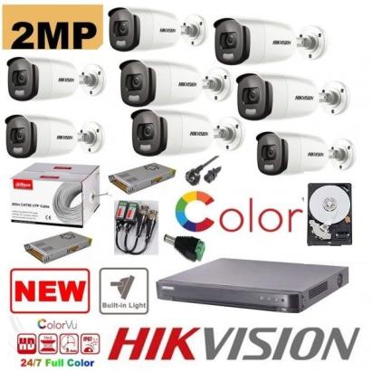 Kit supraveghere 8 camere profesional Hikvision  2mp Color Vu cu IR 40m (color noapte ) , accesorii incluse, HDD 2TB SafetyGuard Surveillance
