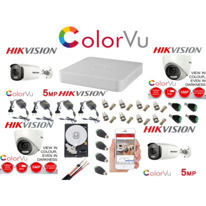 Kit supraveghere profesional mixt Hikvision Color Vu 4 camere 5MP IR40m si IR20m , full accesorii si HDD 1TB SafetyGuard Surveillance