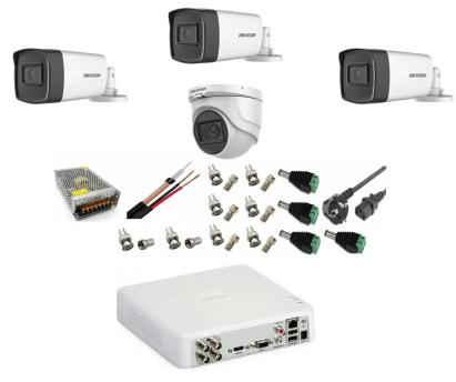 Sistem supraveghere video profesional Hikvision 4 camere 5MP, 3 exterior Turbo HD IR 40M  1 interior IR 20m cu full accesorii SafetyGuard Surveillance