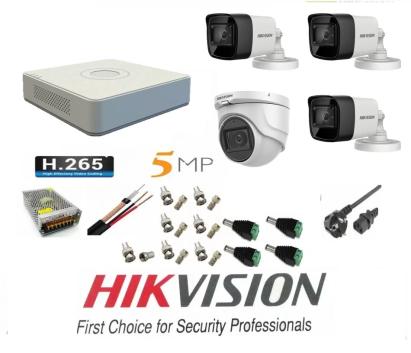 Sistem supraveghere video Hikvision 4 camere 5MP, 3 exterior Turbo HD IR 80 M 1 interior IR 20m cu full accesorii SafetyGuard Surveillance
