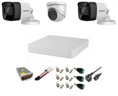 Sistem supraveghere video Hikvision 3 camere 5MP, 2 exterior Turbo HD IR 80 M 1 interior IR 20m cu full accesorii SafetyGuard Surveillance