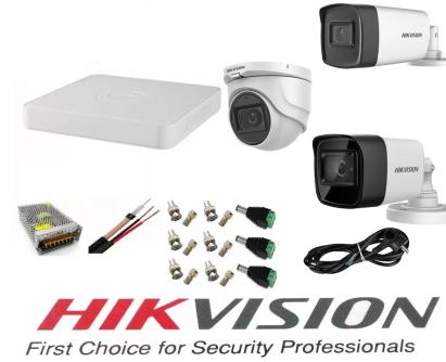 Sistem supraveghere video Hikvision 3 camere 5MP, 2 exterior Turbo HD IR 80 M si IR 40 M si  1 interior IR 20m cu full accesorii SafetyGuard Surveillance