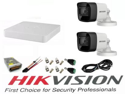 Sistem supraveghere video Hikvision 2 camere 5MP Turbo HD IR 80 M cu DVR Hikvision 4 canale  full accesorii, cablu coaxial SafetyGuard Surveillance