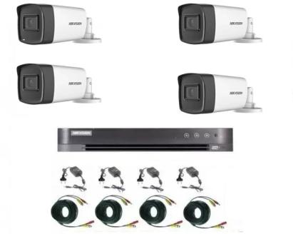 Sistem supraveghere video Hikvision 4 camere 2MP Turbo HD IR 80 M si IR 40 M  cu DVR Hikvision 4 canale, full accesorii SafetyGuard Surveillance