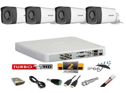 Sistem supraveghere video profesional exterior 4 camere 2MP Hikvision Turbo HD  40m IR  full accesorii  accesorii, internet SafetyGuard Surveillance