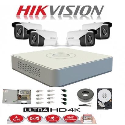 Sistem complet 4 camere supraveghere exterior 5MP TURBOHD HIKVISION 40 m IR, sursa alimentare, accesorii +hard 4TB SafetyGuard Surveillance