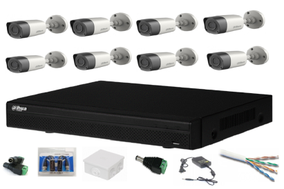 Sistem complet supraveghere cu 8 camere exterior Dahua CMOS 2MP, 3.6mm, Smart IR 20m, IP67, DVR 8 canale, accesorii montaj SafetyGuard Surveillance