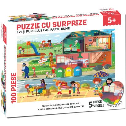 Puzzle cu surprize - Evi si Purcelus fac fapte bune (100 piese) PlayLearn Toys