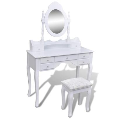 Masă de toaletă cu oglindă și taburet, 7 sertare, alb   GartenMobel Dekor