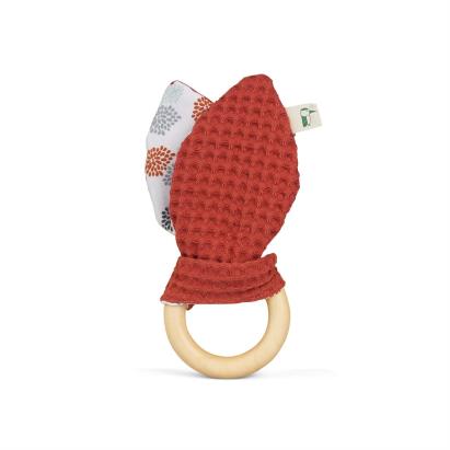 Jucarie organica cu inel de prindere din lemn si urechi din material textil, caramiziu, Gruenspecht 696-V2 Children SafetyCare