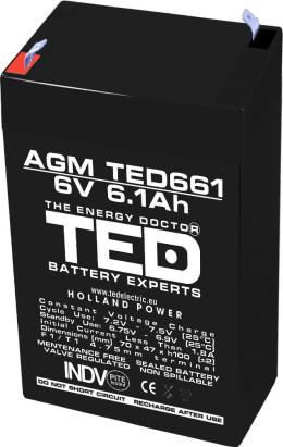 Acumulator AGM VRLA 6V 6,1A dimensiuni 70mm x 48mm x h 101mm F1 TED Battery Expert Holland TED002938 (20) SafetyGuard Surveillance