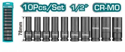 TOTAL - SET 10 BUC TUBULARE LUNGI DE IMPACT 78MM CRMO, 1/2", 10,12,13,14,15,17,19,21,22,24 PowerTool TopQuality