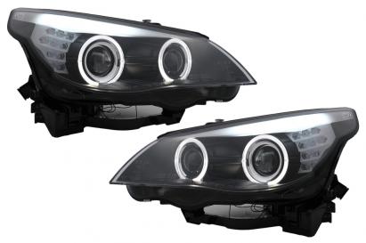 Faruri LED Angel Eyes BMW Seria 5  E60 E61 (2003-2007) LCI Design Negru Performance AutoTuning