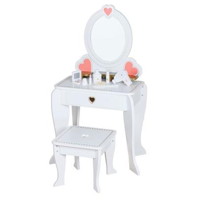 Set masa de toaleta pentru fetite, oglinda si scaun din lemn, 5 accesorii coafura si machiaj MultiMark GlobalProd