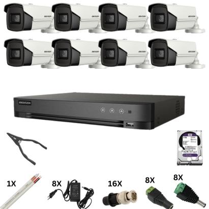 Kit de supraveghere Hikvision cu 8 camere, 8 Megapixeli, Infrarosu 60m, DVR 8 canale 8 Megapixeli, Hard, Accesorii SafetyGuard Surveillance